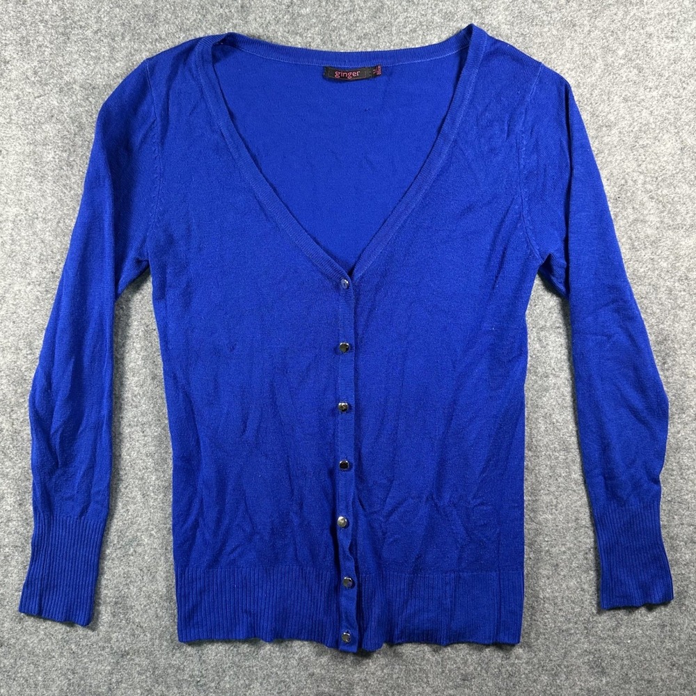 Ginger V-Neck Button Front Cardigan Medium Royal Blue Fine‎ Knit Sweater